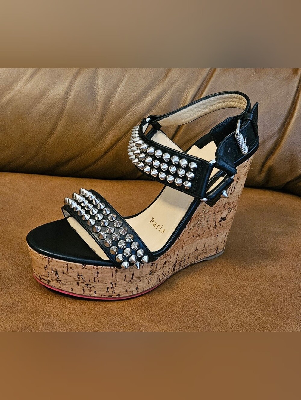 Christian Louboutin Black Leather Spikes-Studded Wedge Sandals Size 4.5 US - Picture 5 of 16